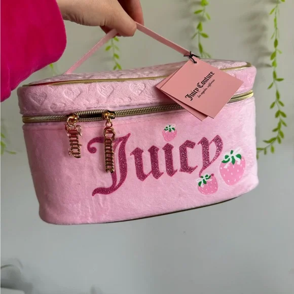 Juicy Couture Pink Velvet Strawberry Cosmetic Bag with Gold Zipper - Picture 2 of 6
